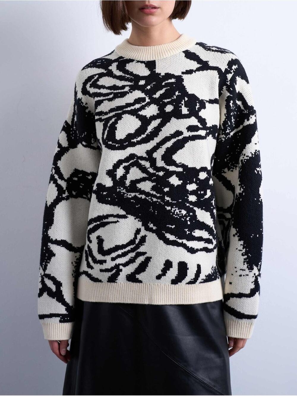 New Topshop Womens Large Black Ivory Abstract Jacquard Oversized Knit Sweater